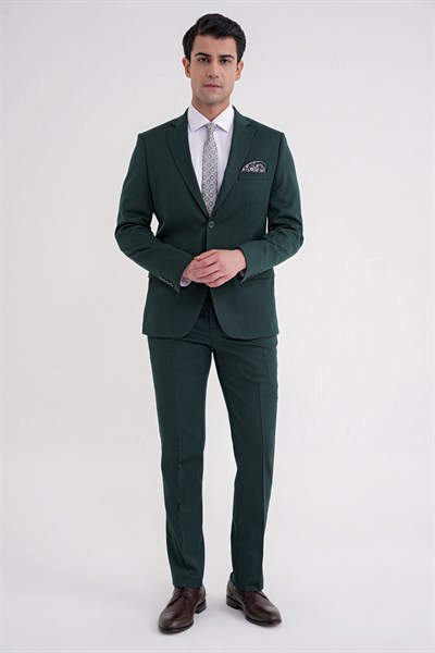 Slim Fit Çift Yırtmaç Düz Yeşil Klasik Takım Elbise TK 913