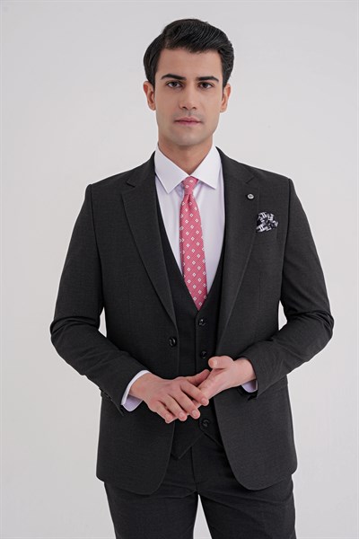 Slim Fit Çift Yırtmaç Ekoseli Esnek Yünlü Yelekli Klasik Siyah Takım Elbise TK 934