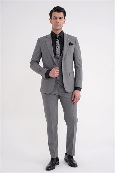 Slim Fit Çift Yırtmaç Ekoseli Esnek Yünlü Yelekli Klasik Füme Takım Elbise TK 934