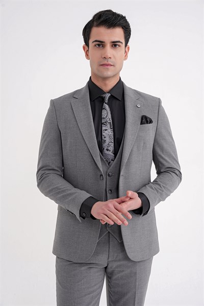 Slim Fit Çift Yırtmaç Ekoseli Esnek Yünlü Yelekli Klasik Füme Takım Elbise TK 934