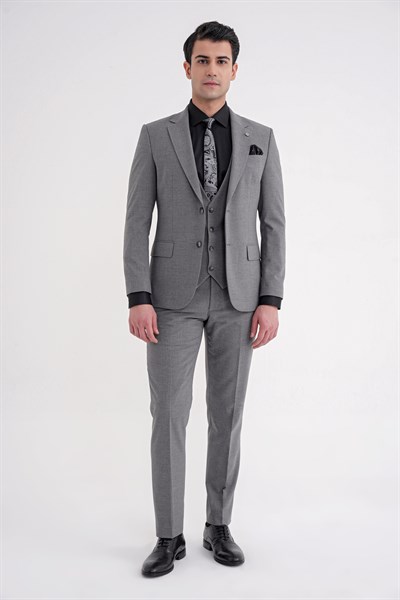Slim Fit Çift Yırtmaç Ekoseli Esnek Yünlü Yelekli Klasik Füme Takım Elbise TK 934