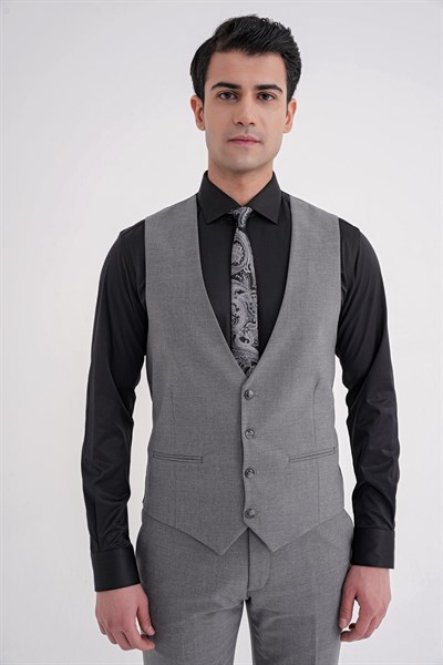 Slim Fit Çift Yırtmaç Ekoseli Esnek Yünlü Yelekli Klasik Füme Takım Elbise TK 934