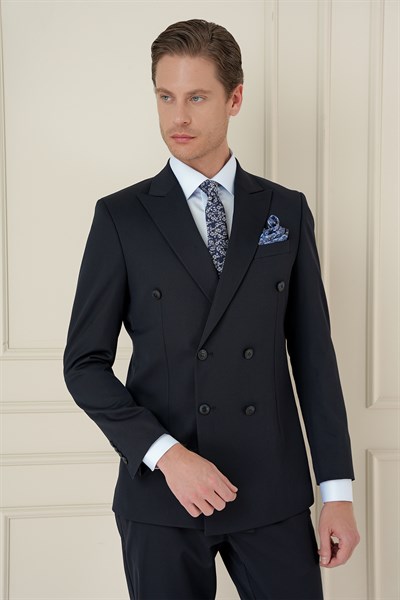 Slim Fit Çift Yırtmaç Esnek Düz Lacivert Kruvaze Takım Elbise TK 905