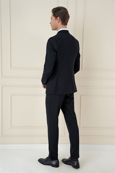 Slim Fit Çift Yırtmaç Esnek Düz Lacivert Kruvaze Takım Elbise TK 905