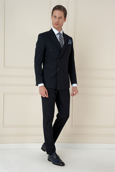 Slim Fit Çift Yırtmaç Esnek Düz Lacivert Kruvaze Takım Elbise TK 905