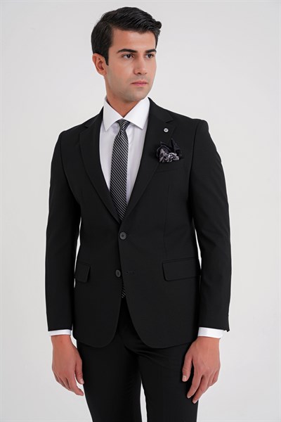 Slim Fit Çift Yırtmaç Esnek Düz Siyah Takım Elbise Tk 917