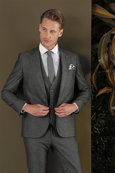 Slim Fit Çift Yırtmaç Esnek Kırçıllı Füme Yelekli Takım Elbise TK 876