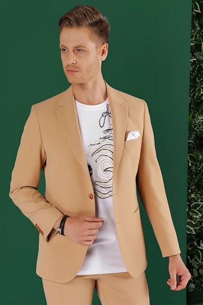 Slim Fit Çift Yırtmaç Esnek Pamuklu Fleto Cepli Camel Ceket C 645