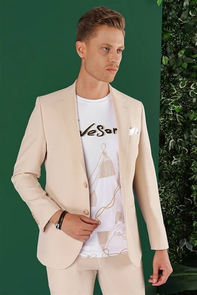 Slim Fit Çift Yırtmaç Esnek Pamuklu Fleto Cepli Bej Ceket C 645