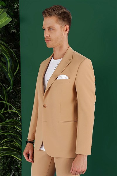 Slim Fit Çift Yırtmaç Esnek Pamuklu Fleto Cepli Camel Ceket C 645