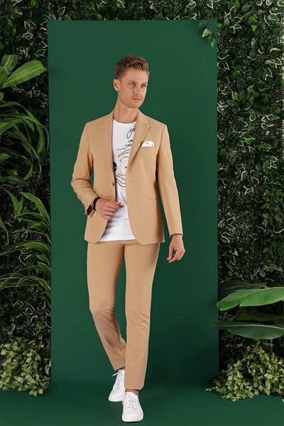 Slim Fit Çift Yırtmaç Esnek Pamuklu Fleto Cepli Camel Ceket C 645