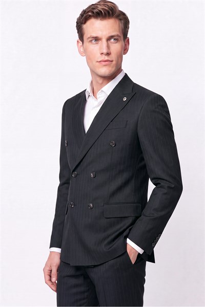 Slim Fit Çift Yırtmaç Esnek Silik Çizgili Siyah Kruvaze Takım Elbise TK 946