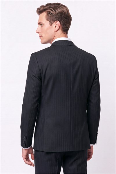 Slim Fit Çift Yırtmaç Esnek Silik Çizgili Siyah Kruvaze Takım Elbise TK 946