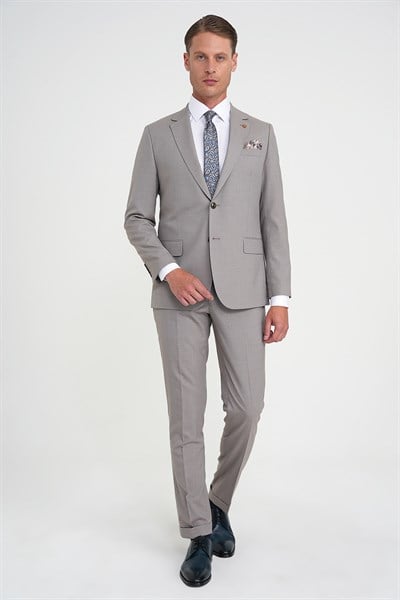 Slim Fit Çift Yırtmaç Esnek Yelekli Klasik Bej Takım Elbise Tk 916