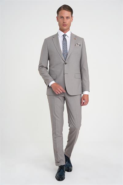 Slim Fit Çift Yırtmaç Esnek Yelekli Klasik Bej Takım Elbise Tk 916