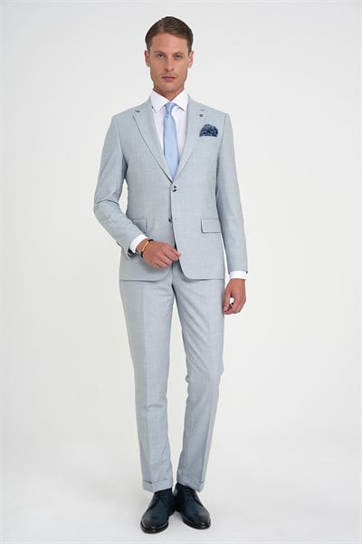 Slim Fit Çift Yırtmaç Esnek Yün Mavi Takım Elbise Tk 918