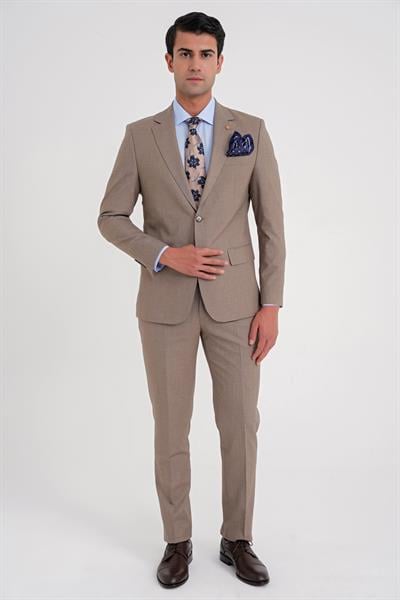 Slim Fit Çift Yırtmaç Esnek Yün Vizon Takım Elbise Tk 918