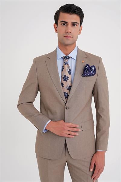 Slim Fit Çift Yırtmaç Esnek Yün Vizon Takım Elbise Tk 918