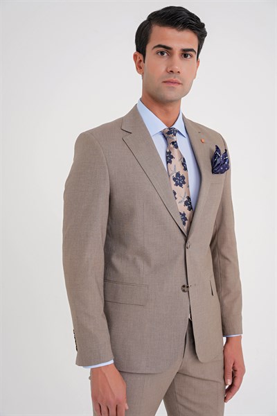 Slim Fit Çift Yırtmaç Esnek Yün Vizon Takım Elbise Tk 918