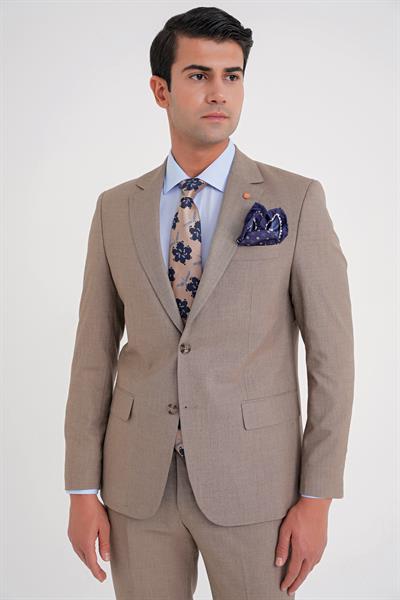 Slim Fit Çift Yırtmaç Esnek Yün Vizon Takım Elbise Tk 918