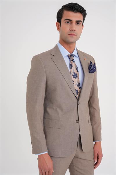 Slim Fit Çift Yırtmaç Esnek Yün Vizon Takım Elbise Tk 918