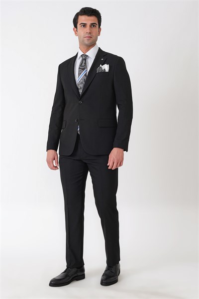 Slim Fit Çift Yırtmaç Esnek Yünlü Düz Siyah Takım Elbise Tk 948