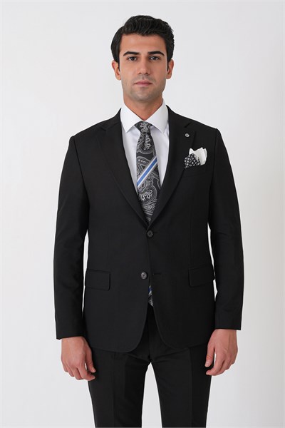 Slim Fit Çift Yırtmaç Esnek Yünlü Düz Siyah Takım Elbise Tk 948