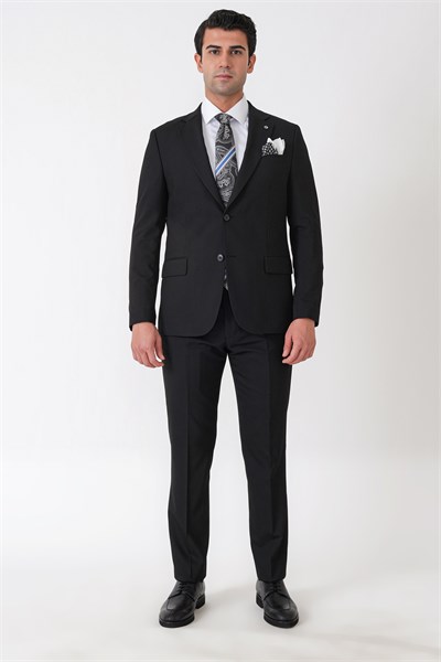 Slim Fit Çift Yırtmaç Esnek Yünlü Düz Siyah Takım Elbise Tk 948