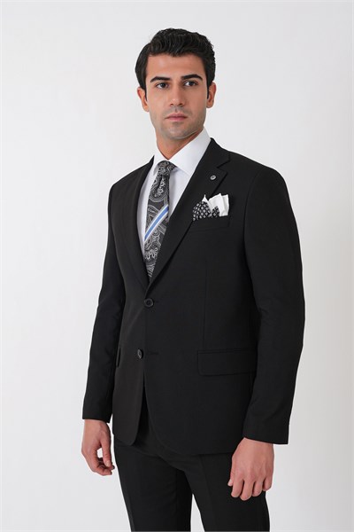 Slim Fit Çift Yırtmaç Esnek Yünlü Düz Siyah Takım Elbise Tk 948