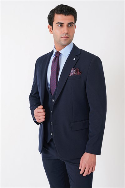 Slim Fit Çift Yırtmaç Esnek Yünlü Lacivert Yelekli Takım Elbise TK 958 