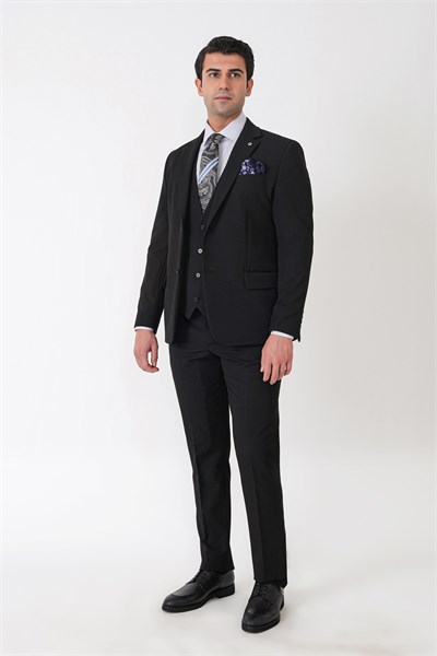 Slim Fit Çift Yırtmaç Esnek Yünlü Siyah Yelekli Takım Elbise TK 958 