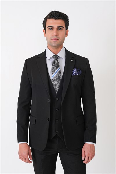 Slim Fit Çift Yırtmaç Esnek Yünlü Siyah Yelekli Takım Elbise TK 958 
