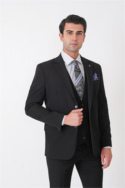 Slim Fit Çift Yırtmaç Esnek Yünlü Siyah Yelekli Takım Elbise TK 958 