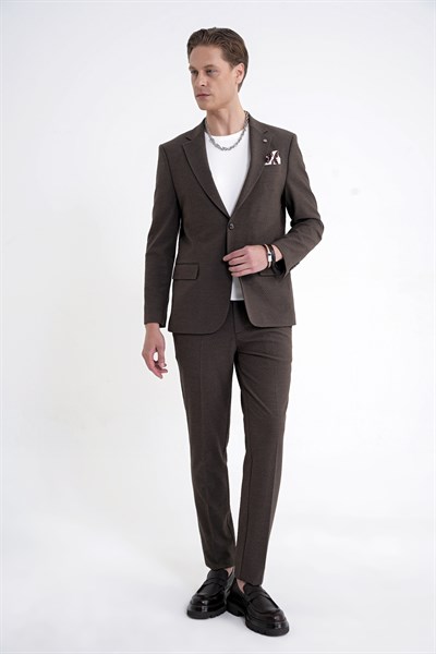 Slim Fit Çift Yırtmaç Gofre Kumaş Esnek Kahverengi Spor Takım Elbise TK 940
