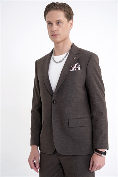 Slim Fit Çift Yırtmaç Gofre Kumaş Esnek Kahverengi Spor Takım Elbise TK 940