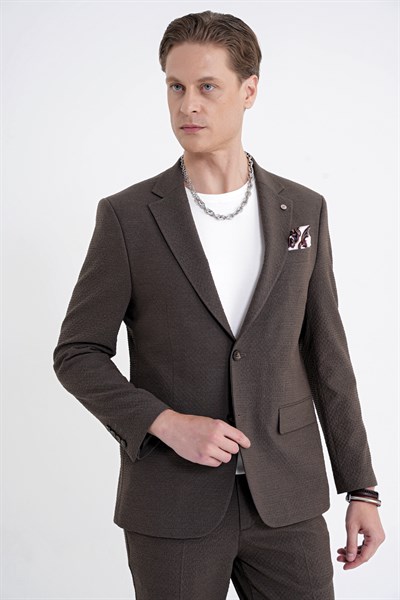 Slim Fit Çift Yırtmaç Gofre Kumaş Esnek Kahverengi Spor Takım Elbise TK 940