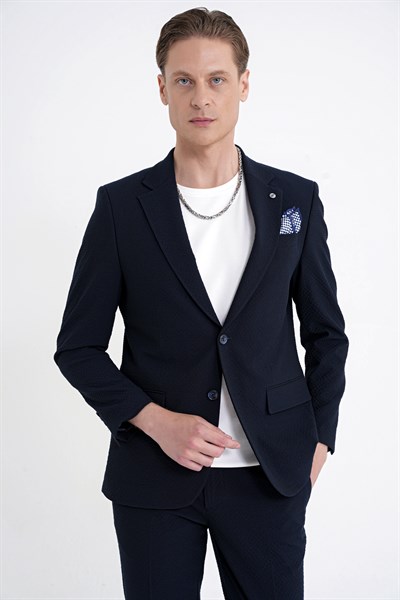 Slim Fit Çift Yırtmaç Gofre Kumaş Esnek Lacivert Spor Takım Elbise TK 940