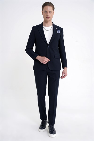 Slim Fit Çift Yırtmaç Gofre Kumaş Esnek Lacivert Spor Takım Elbise TK 940