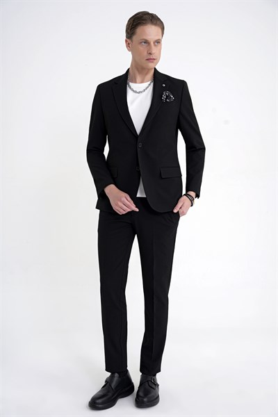 Slim Fit Çift Yırtmaç Gofre Kumaş Esnek Siyah Spor Takım Elbise TK 940