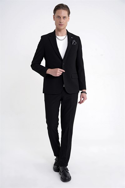 Slim Fit Çift Yırtmaç Gofre Kumaş Esnek Siyah Spor Takım Elbise TK 940