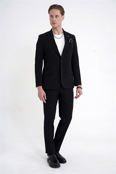 Slim Fit Çift Yırtmaç Gofre Kumaş Esnek Siyah Spor Takım Elbise TK 940