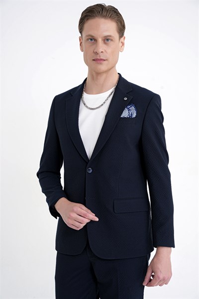 Slim Fit Çift Yırtmaç Gofre Kumaş Esnek Lacivert Spor Takım Elbise TK 940