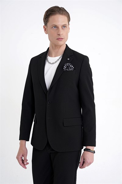 Slim Fit Çift Yırtmaç Gofre Kumaş Esnek Siyah Spor Takım Elbise TK 940