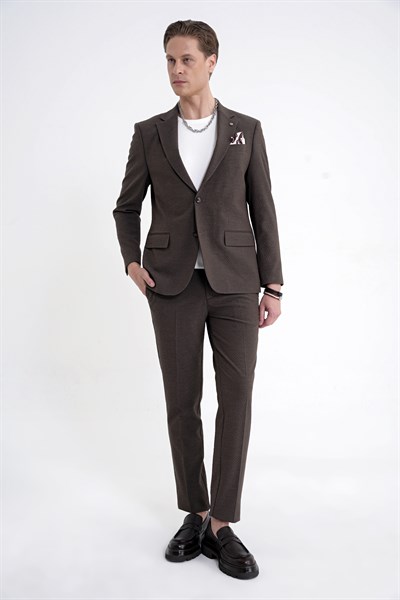 Slim Fit Çift Yırtmaç Gofre Kumaş Esnek Kahverengi Spor Takım Elbise TK 940