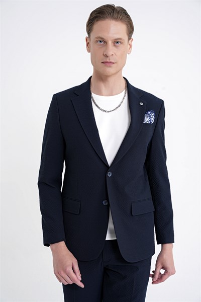 Slim Fit Çift Yırtmaç Gofre Kumaş Esnek Lacivert Spor Takım Elbise TK 940