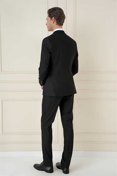 Slim Fit Çift Yırtmaç Kazayağı Dokulu Siyah Yelekli Takım Elbise TK 910