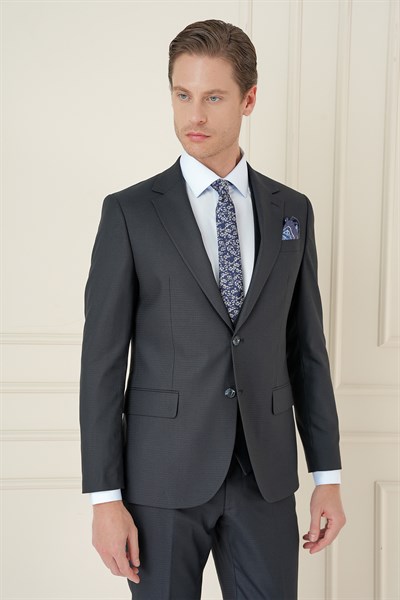 Slim Fit Çift Yırtmaç Kazayağı Dokulu Lacivert Yelekli Takım Elbise TK 910