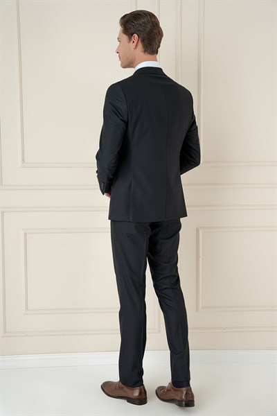 Slim Fit Çift Yırtmaç Kazayağı Dokulu Lacivert Yelekli Takım Elbise TK 910