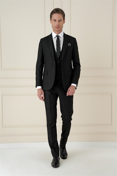 Slim Fit Çift Yırtmaç Kazayağı Dokulu Siyah Yelekli Takım Elbise TK 910