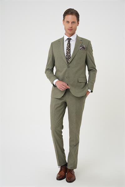 Slim Fit Çift Yırtmaç Keten Karışımlı Yelekli Klasik Haki Takım Elbise  Tk 914